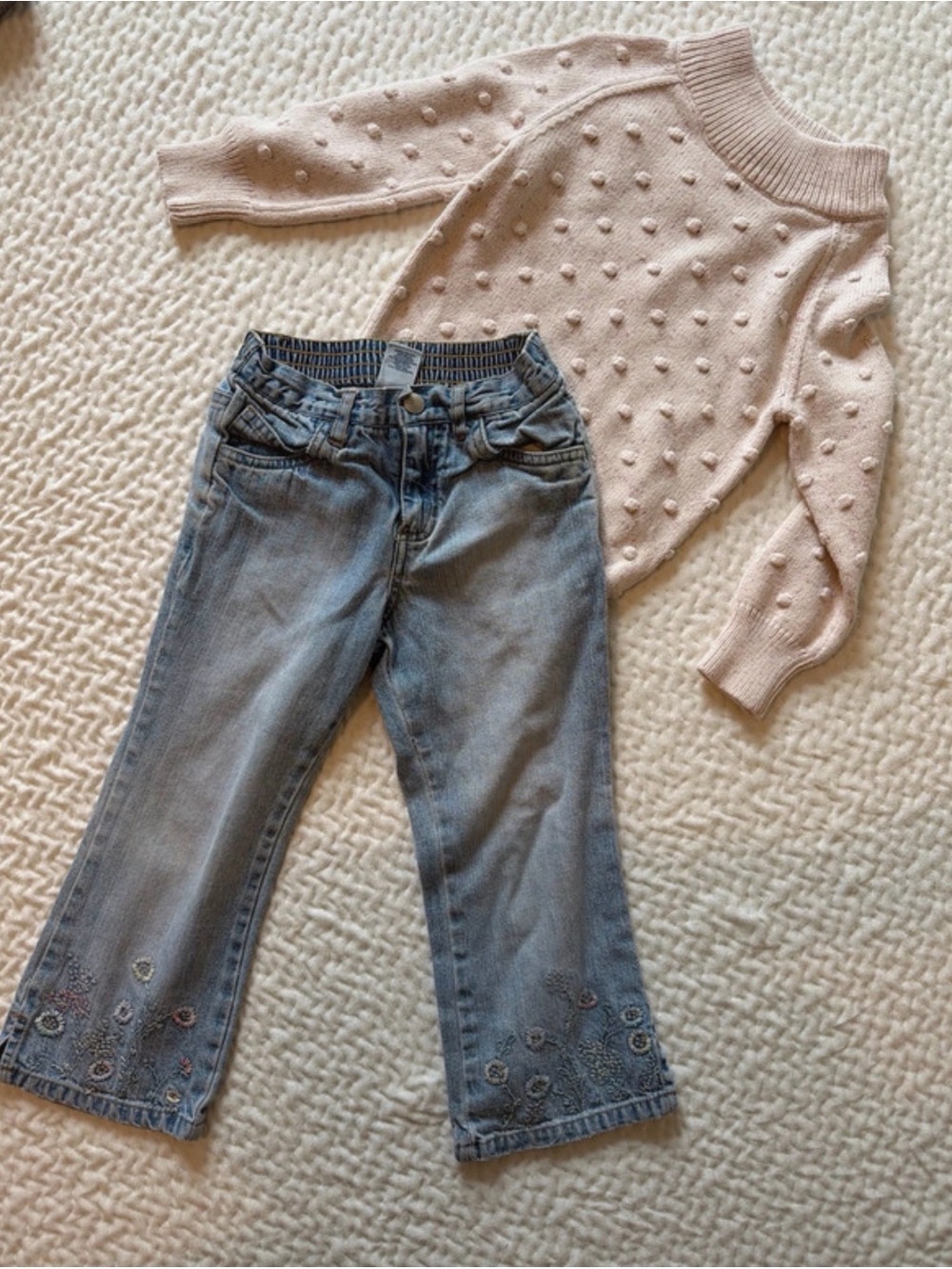 Jamie Kay Pale Pink Bobble Knit Sweater with Light Blue Embroidered Jeans